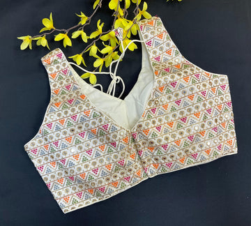 Half White Embroidery Work Blouse- Sleeveless