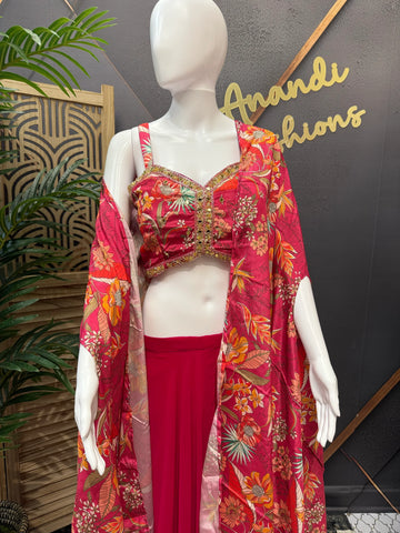 Pink Indo Western Sharara Set with Floral Shrug - Party Wear