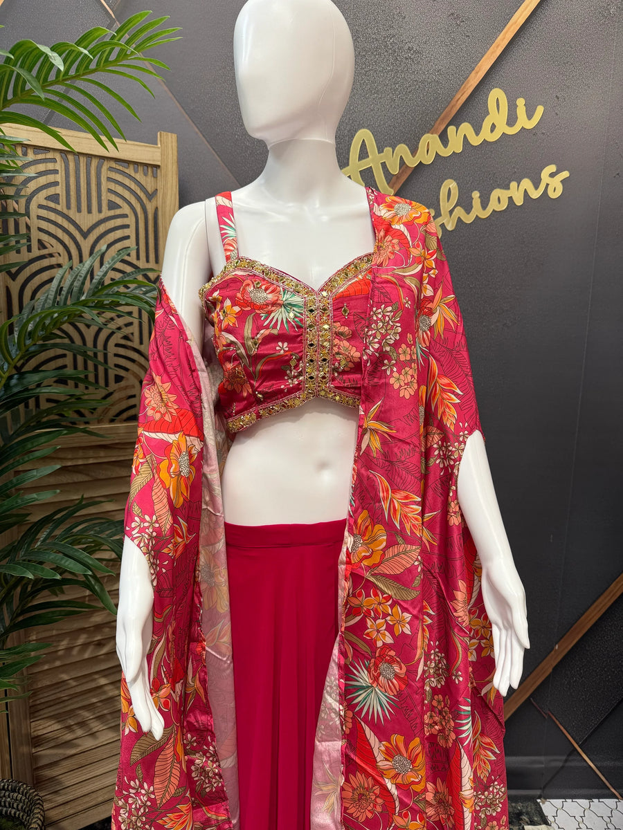 Pink Indo Western Sharara Set with Floral Shrug - Party Wear