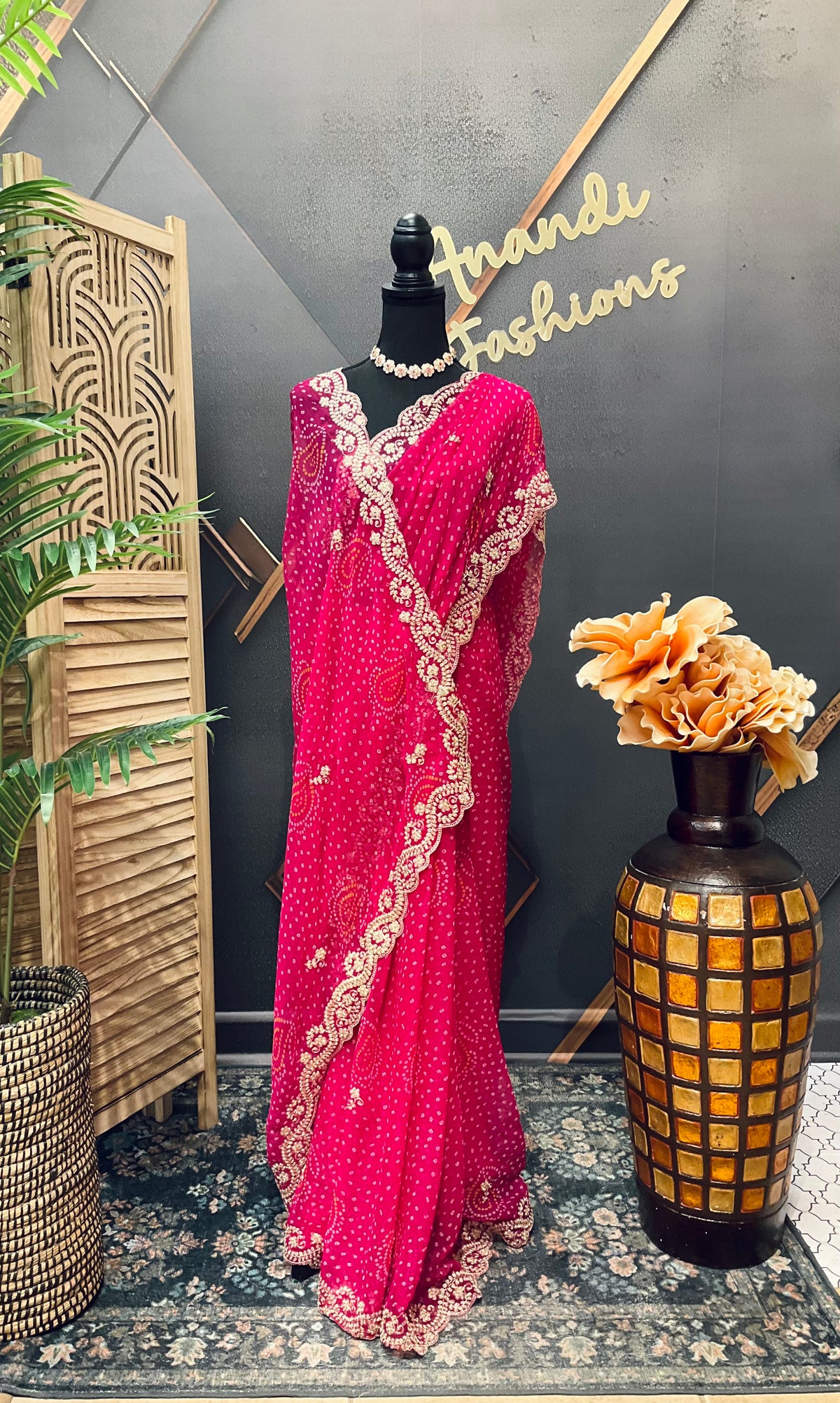 Pink Chiffon Bandhini saree with Embroidery Work