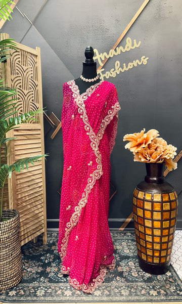 Pink Chiffon Bandhini saree with Embroidery Work