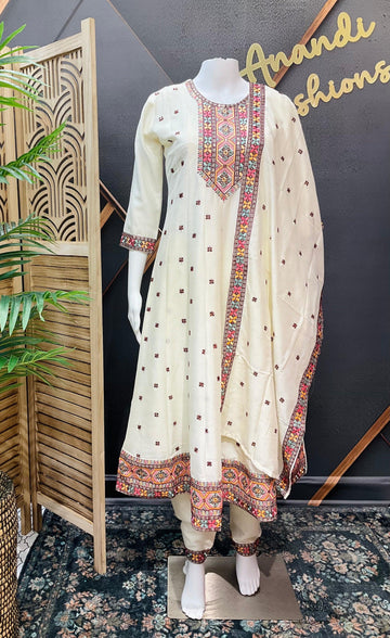 Teenage Girls Half White Anarkali Kurti Set - Vichitra Silk Party Wear