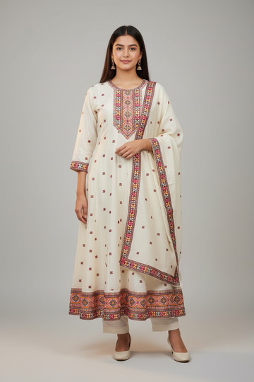 Teenage Girls Half White Anarkali Kurti Set - Vichitra Silk with Embroidery