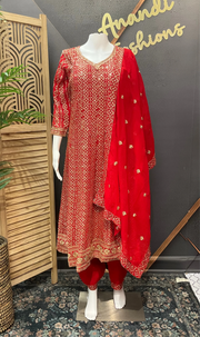 Red Heavy Work Georgette Anarkali Kurti Set Size 38 - Gold Zari Party Wear