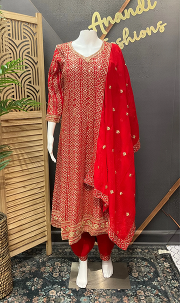 Red Heavy Work Georgette Anarkali Kurti Set Size 38 - Gold Zari Party Wear