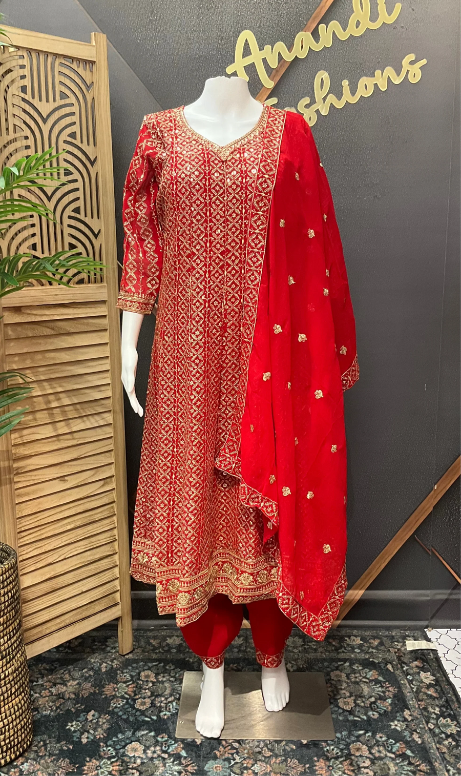 Red Heavy Work Georgette Anarkali Kurti Set Size 38 - Gold Zari Party Wear