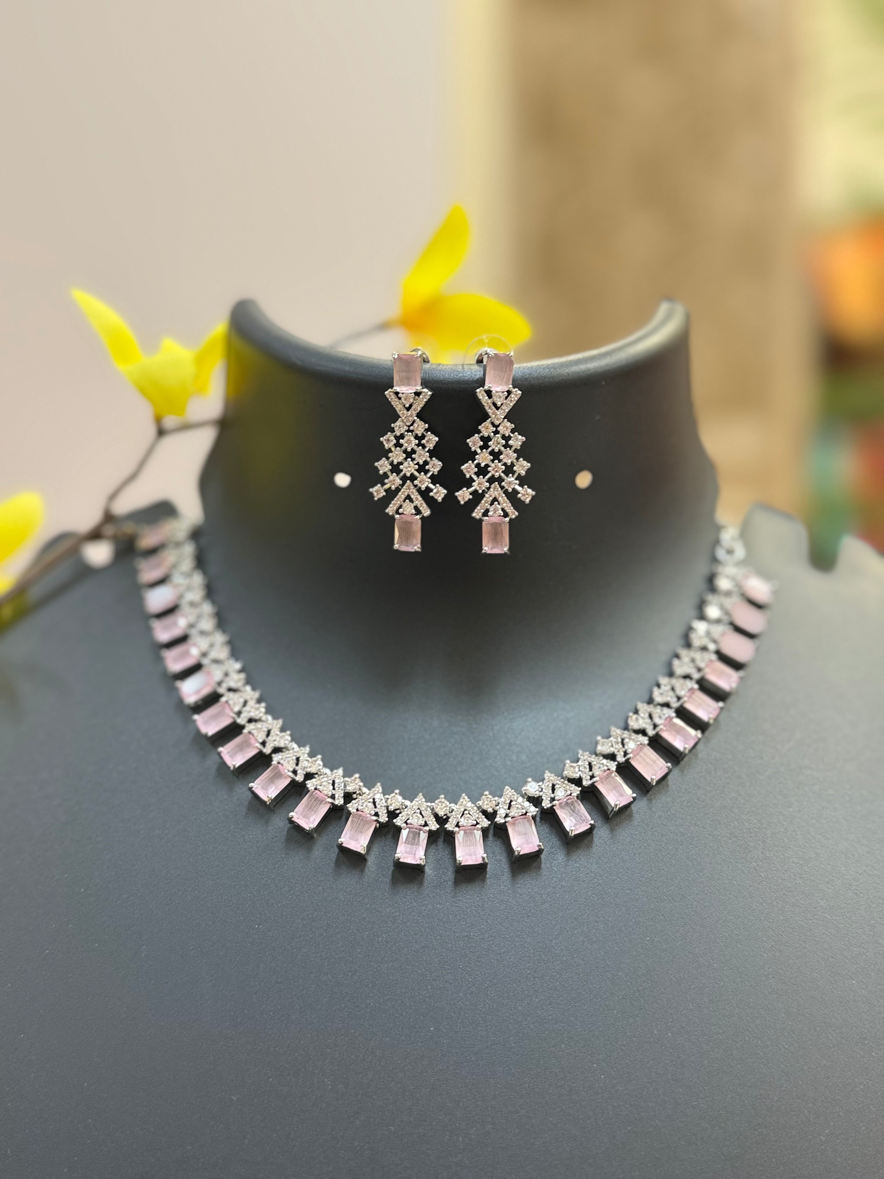 Baby Pink Color Stones - Silver Necklace set