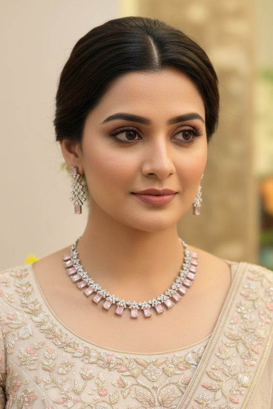 Baby Pink Color Stones - Silver Necklace set