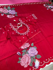 Red Tussar saree with stitched Blouse