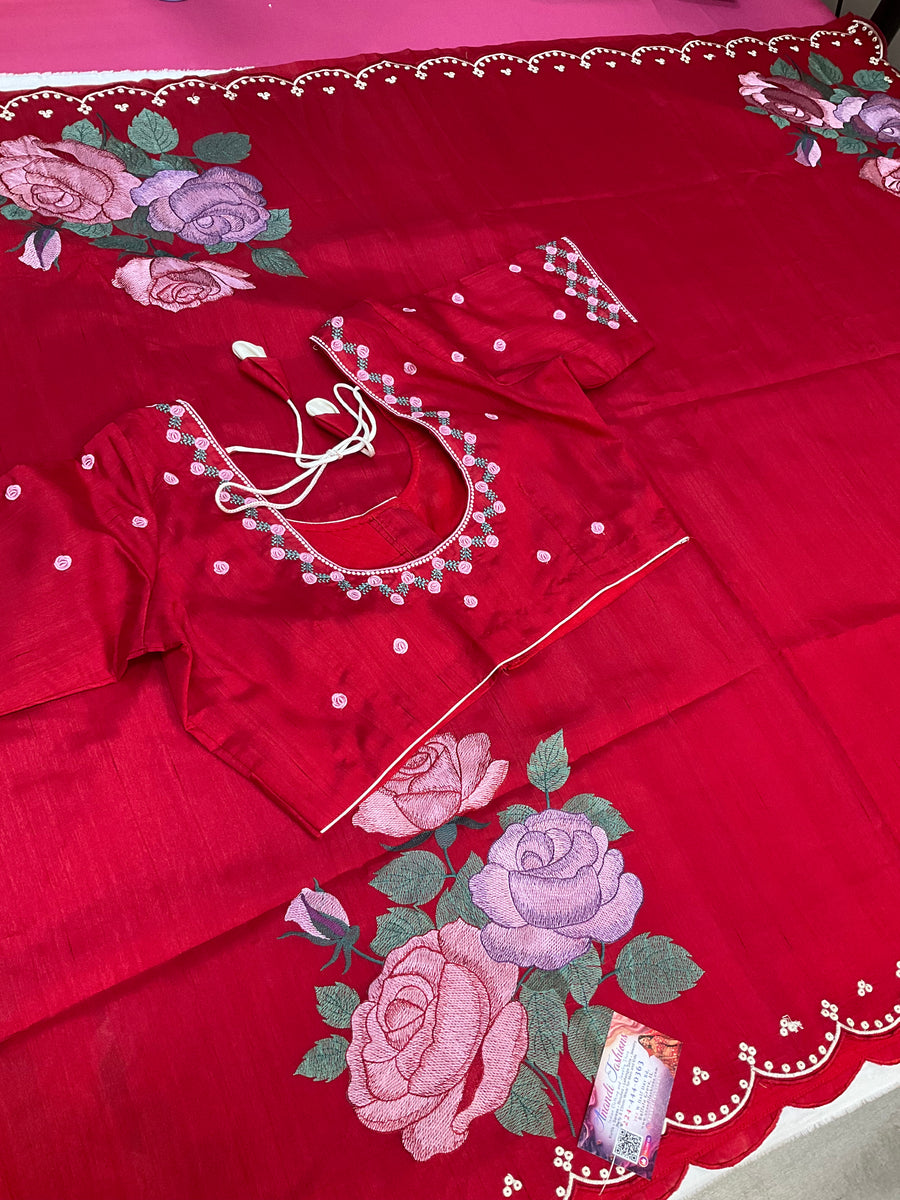 Red Tussar saree with stitched Blouse