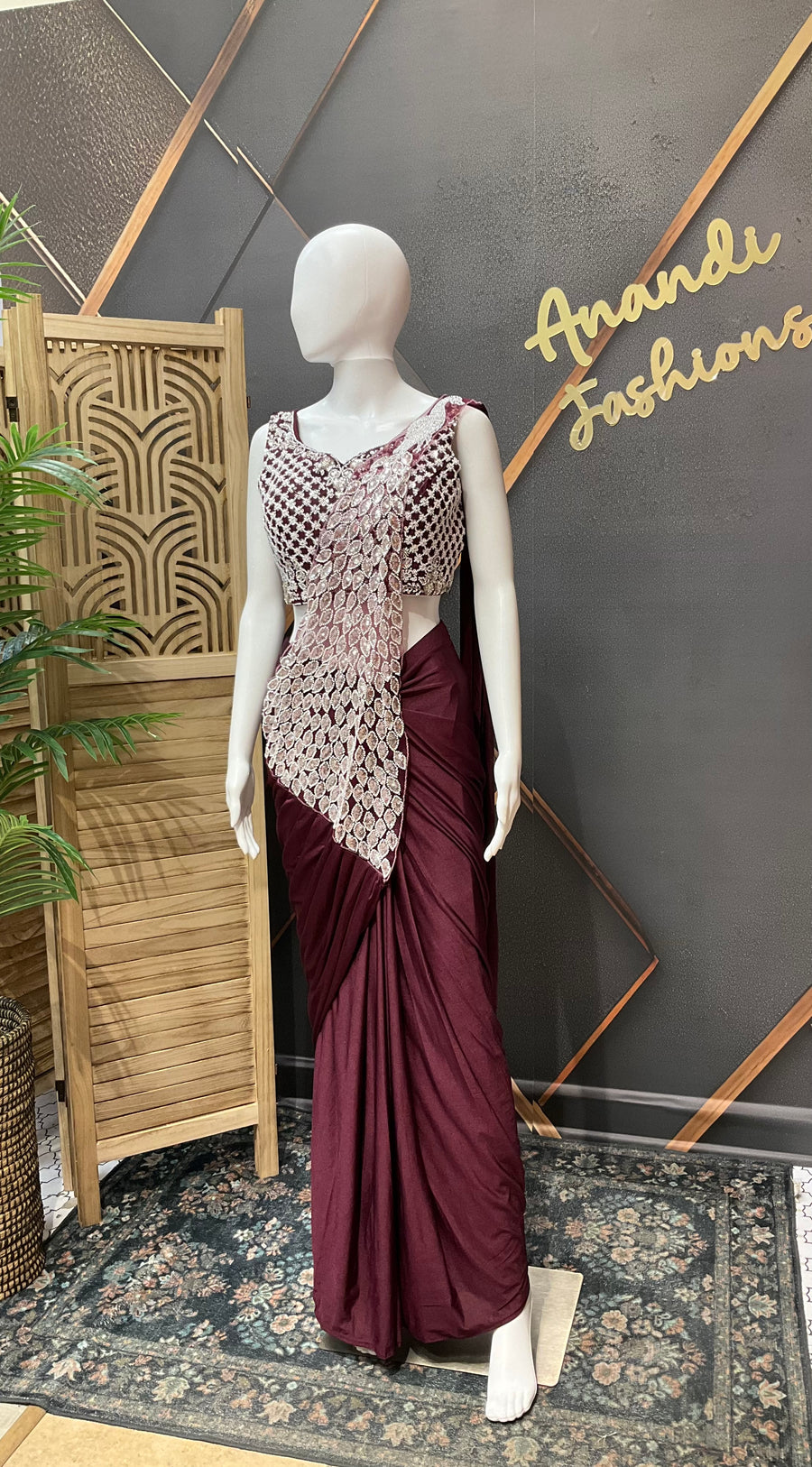 Wine color Ready to wear saree