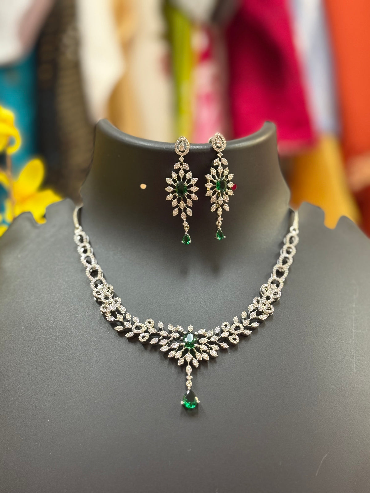 Silver Finish Necklace set with Emerald Stone