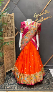 Orange & Pink Silk Kota Half Saree set