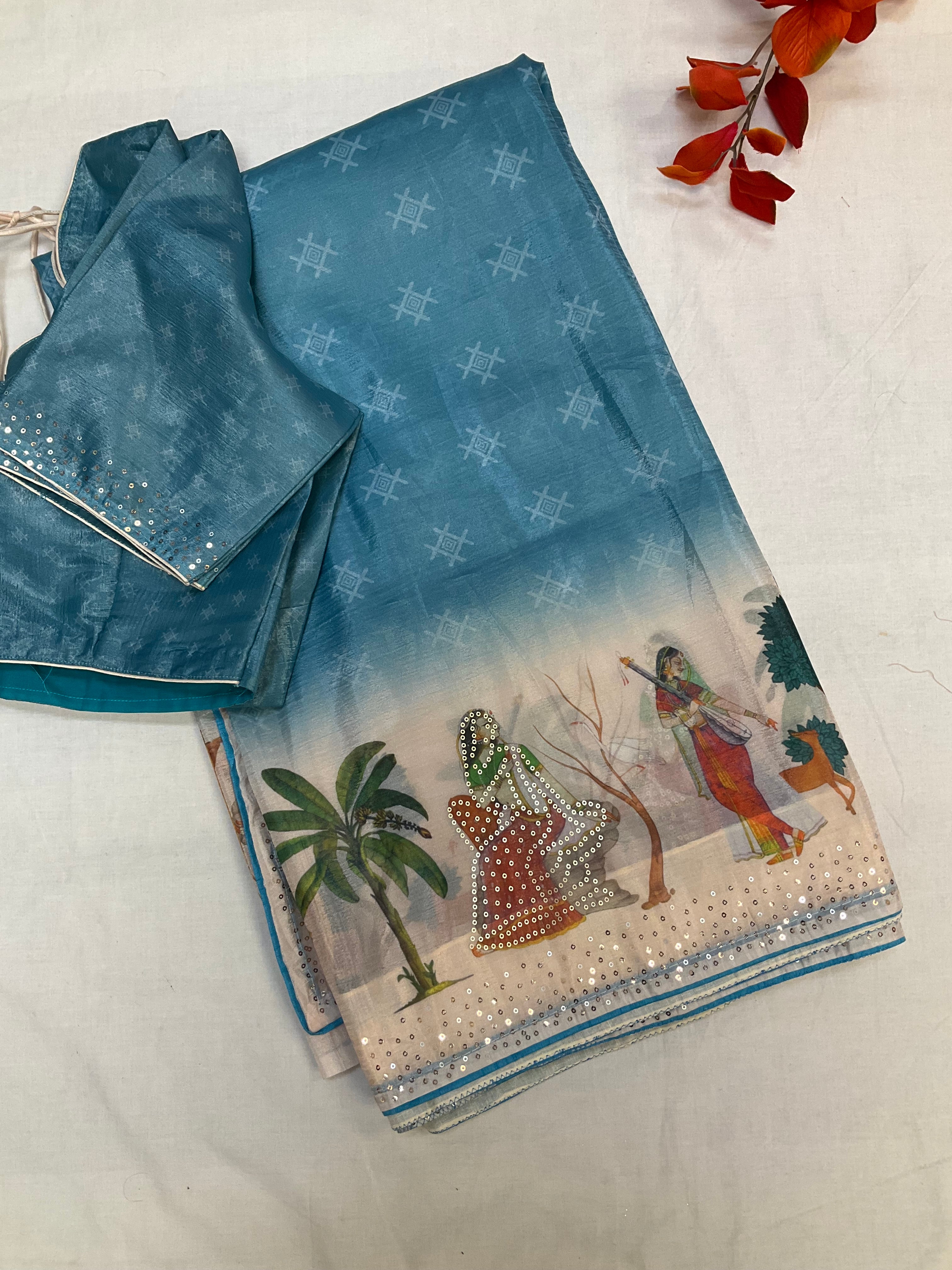 Light Weight Party wear saree with Sttiched blouse- fall pico done