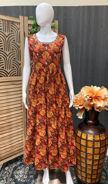 Sleeveless Red Pure Cotton Summer Frock/Kurti - Size 42/44