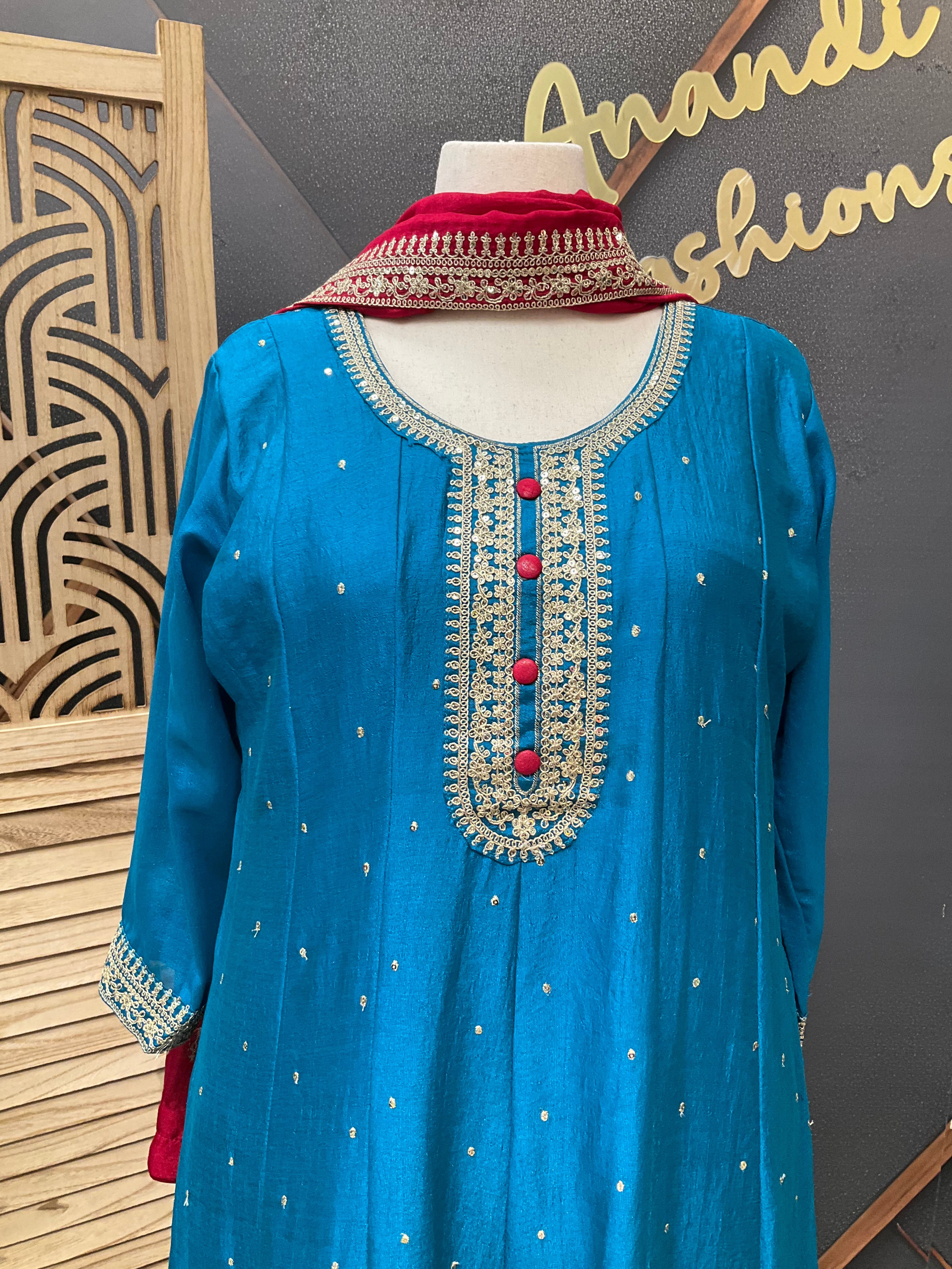 Plus Size - Size 46-Blue Anarkali Kurti set
