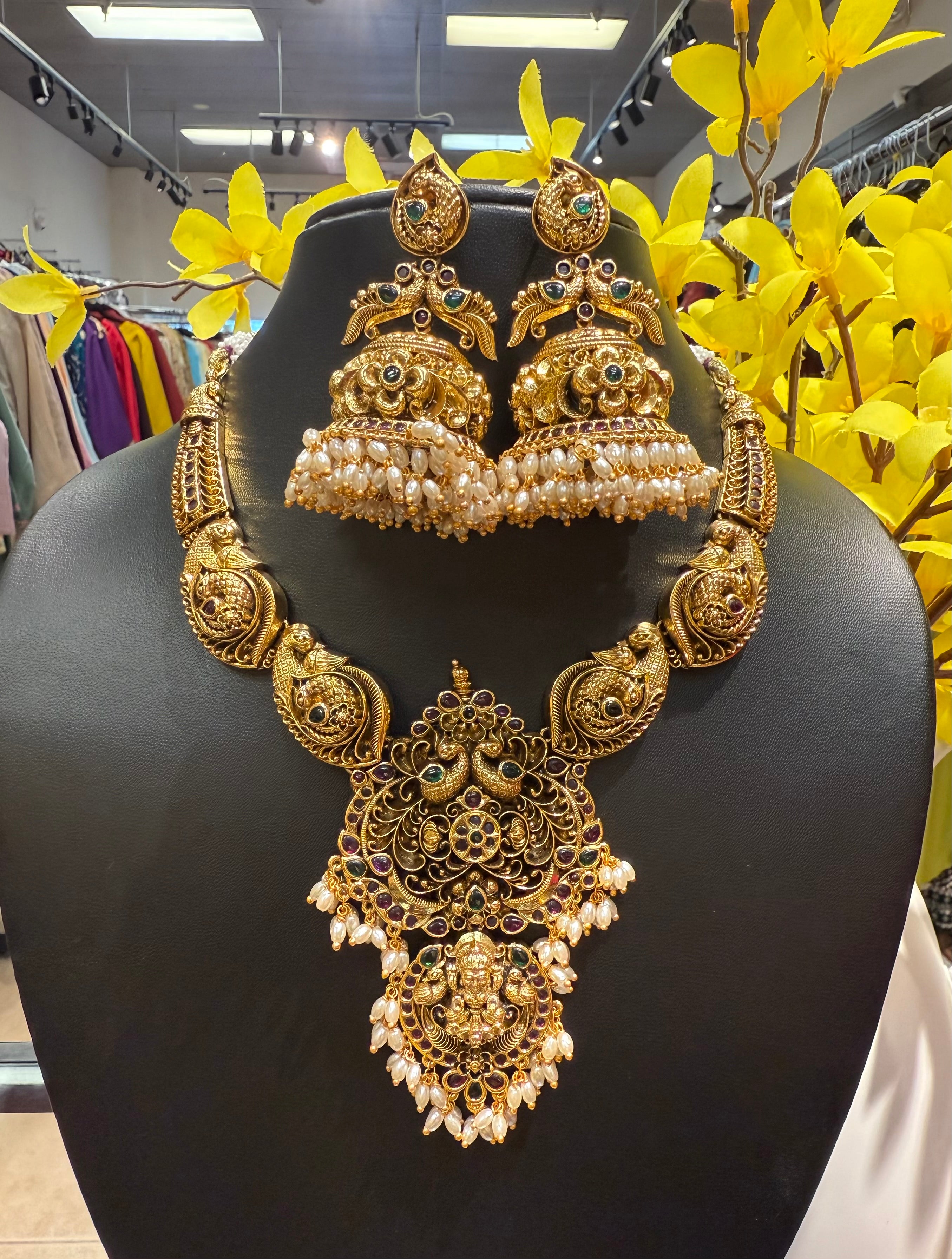 MattFinish Heavy Lakshmi Necklace with Big Jhumkas