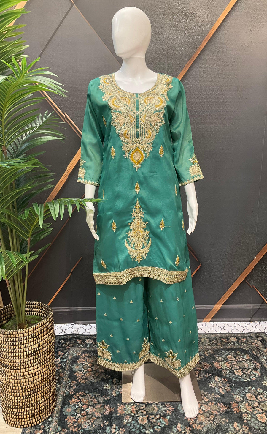 Party Wear Shimmery Silk Palazzo Set - Gold Embroidery
