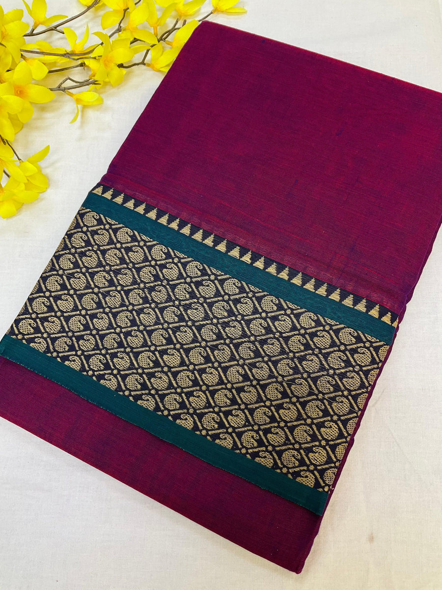 Dark Pink Narayanpet Pure Cotton Saree - Green Border with Mango Design