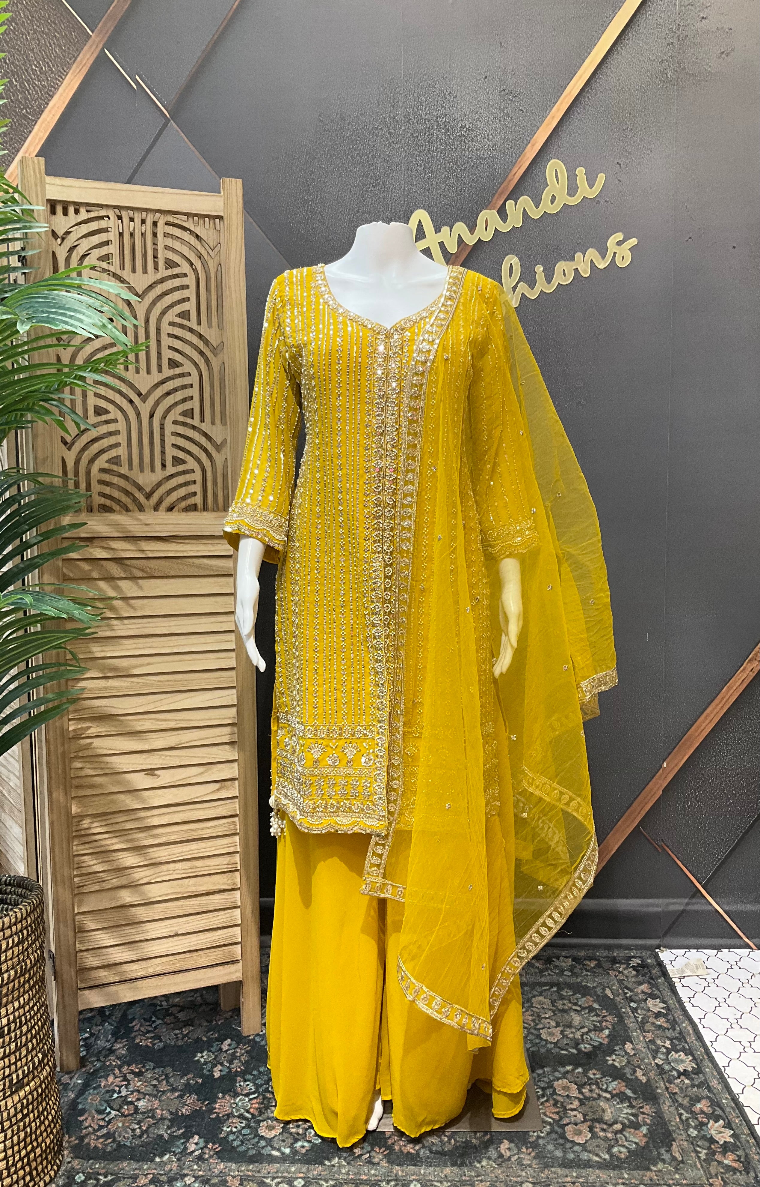 Size 38/Indian M - Party Wear Yellow Georgette Palazzo/Sharara set