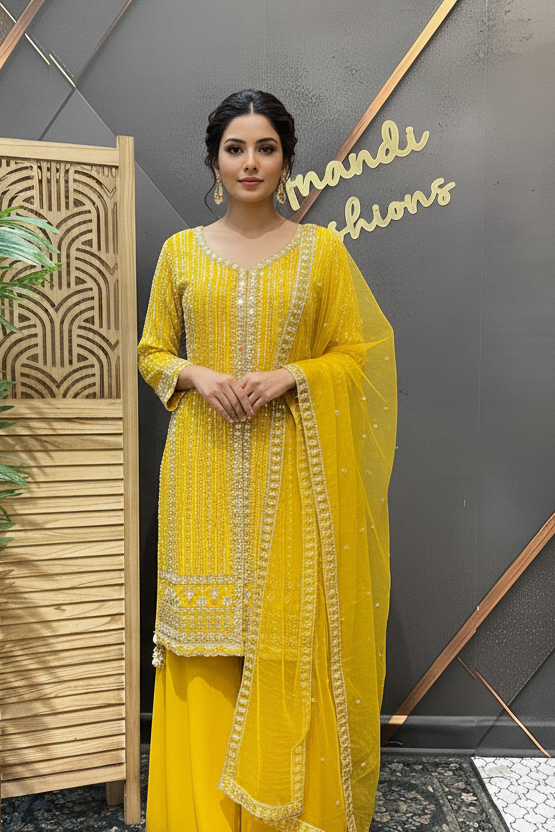 Size 38/Indian M - Party Wear Yellow Georgette Palazzo/Sharara set