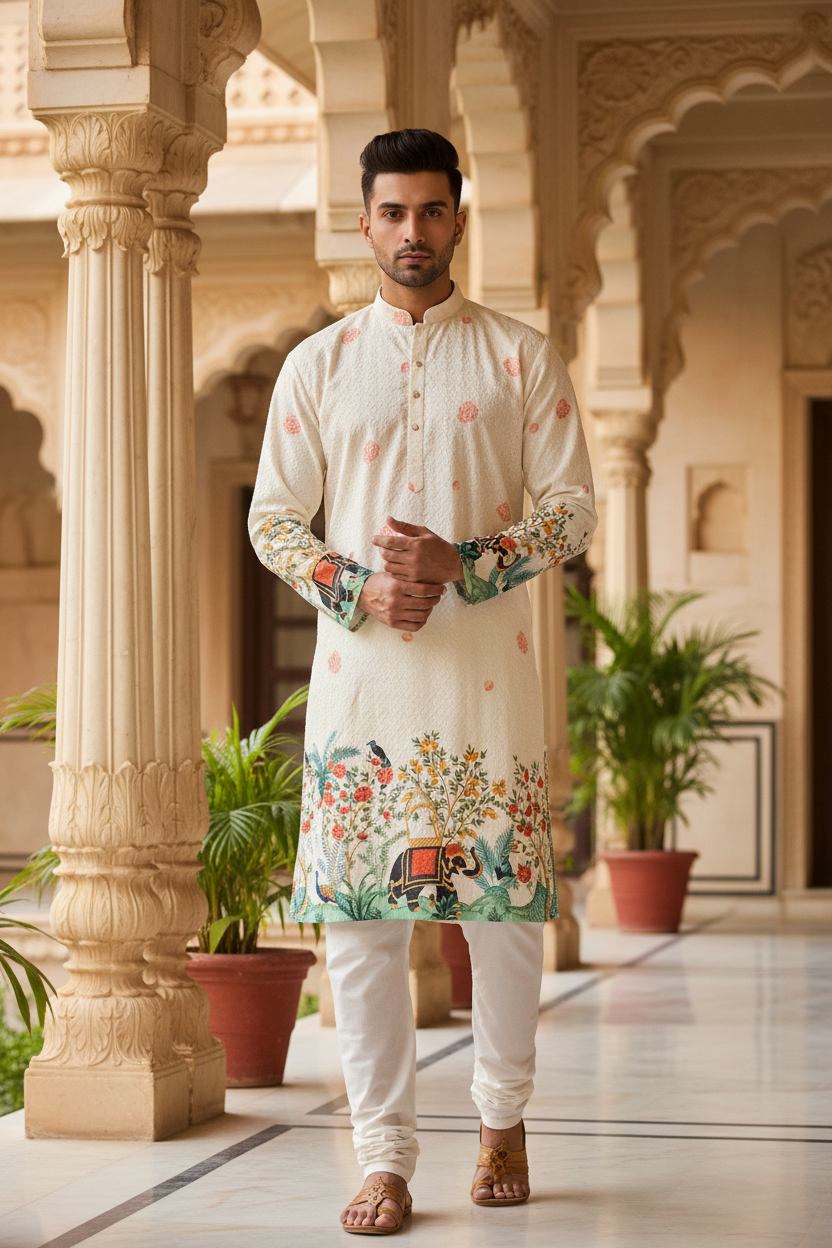 Half White Embroidery Mens kurta set