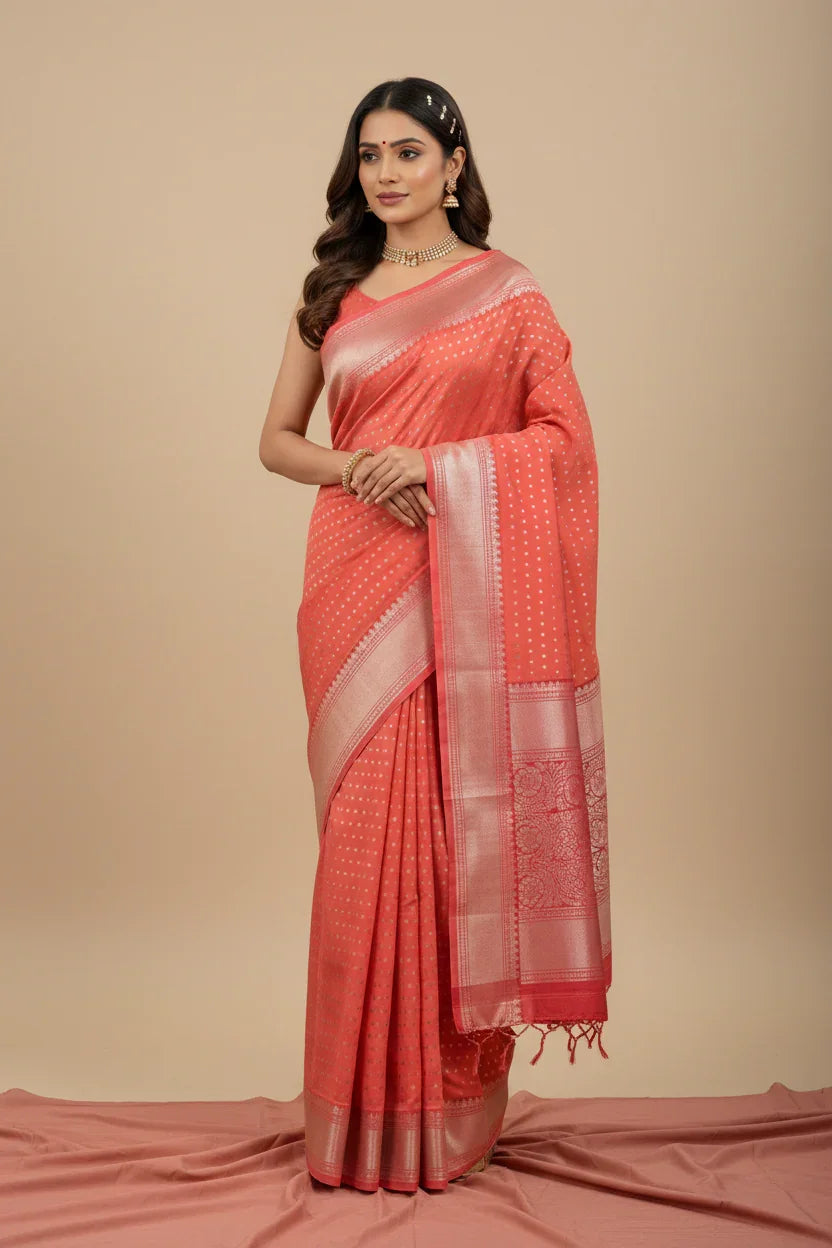 Woman wearing coral pink traditional saree with gold accents and pearl jewelry on beige background