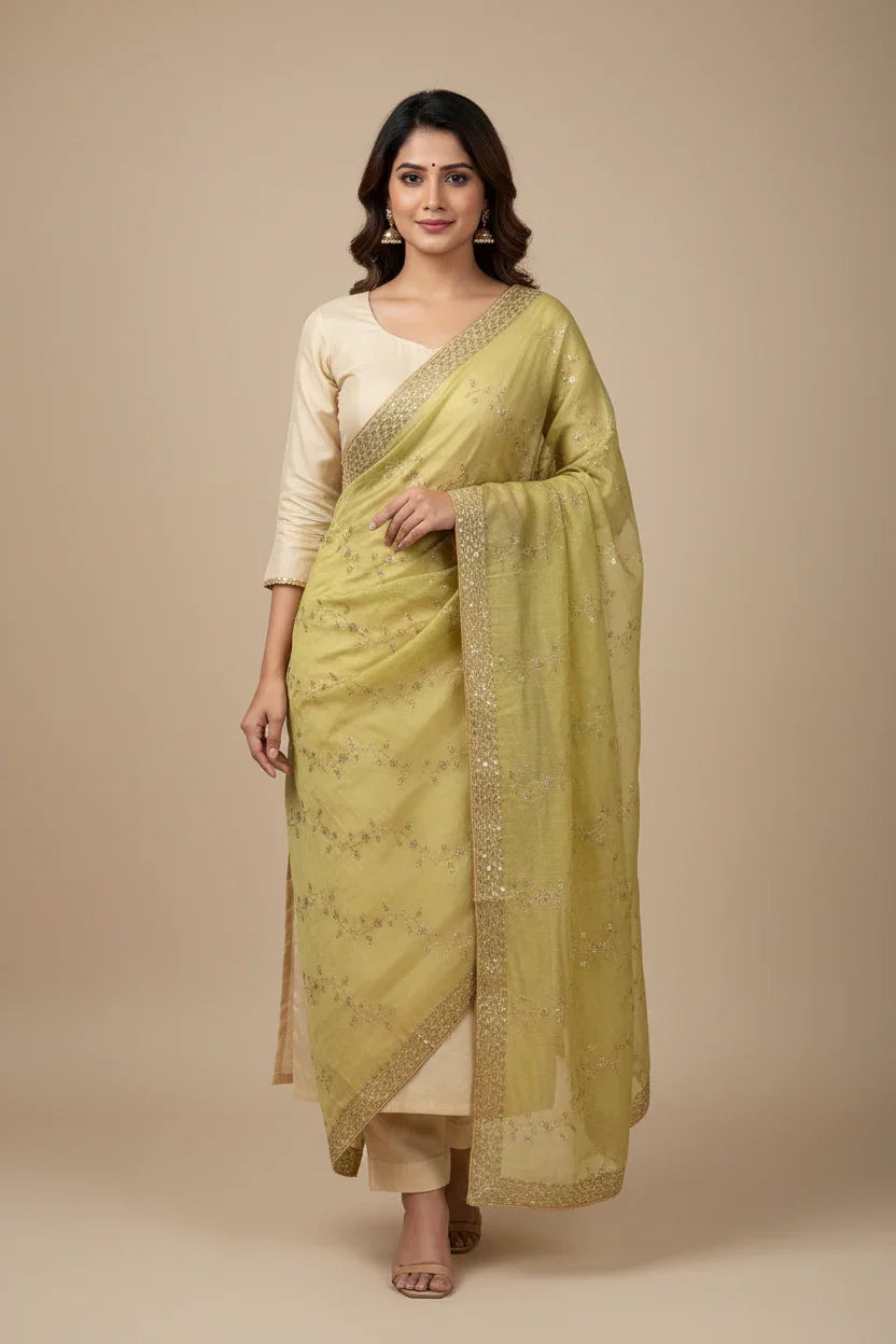 Woman in beige kurta and pants wearing light green embroidered dupatta, Indian ethnic fashion