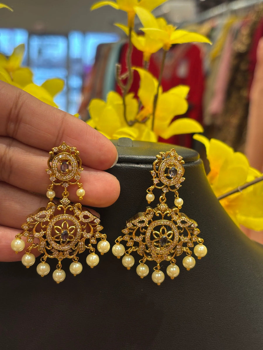 CZ Chandbali Earrings with Purple color Stones