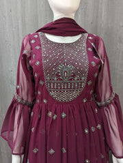 Wine Color Long Party Wear Dress Size 38 - Elegant Ethnic Wear