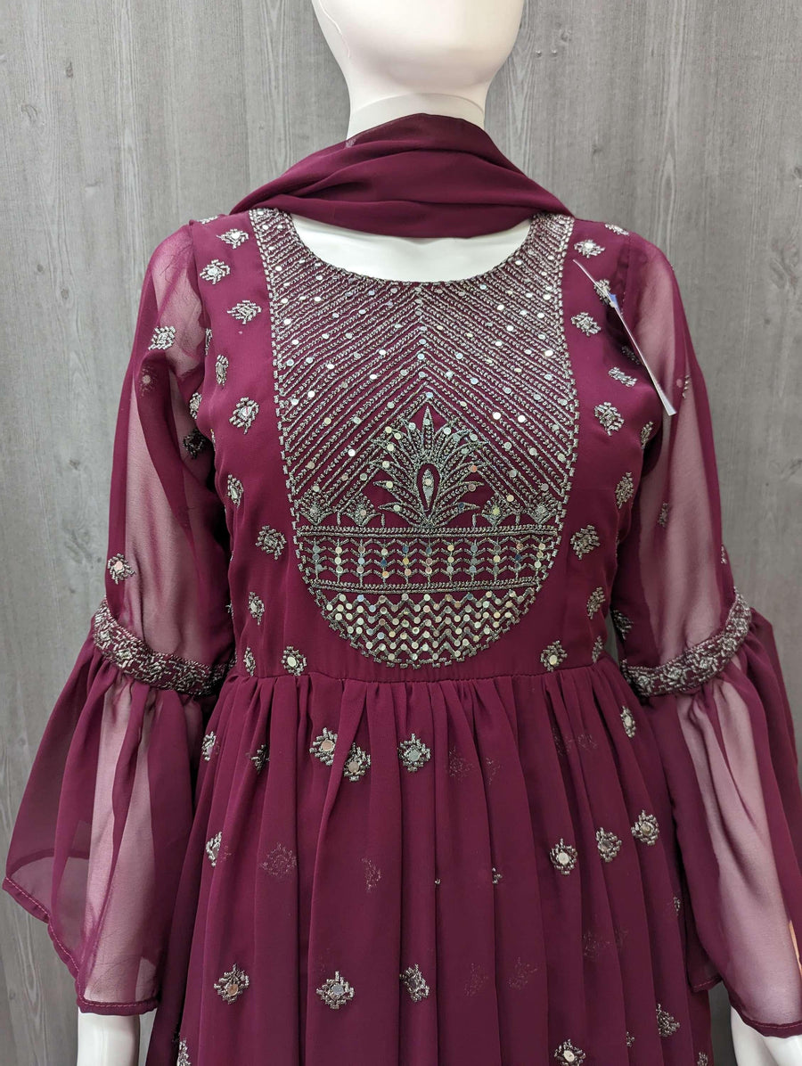 Wine Color Long Party Wear Dress Size 38 - Elegant Ethnic Wear