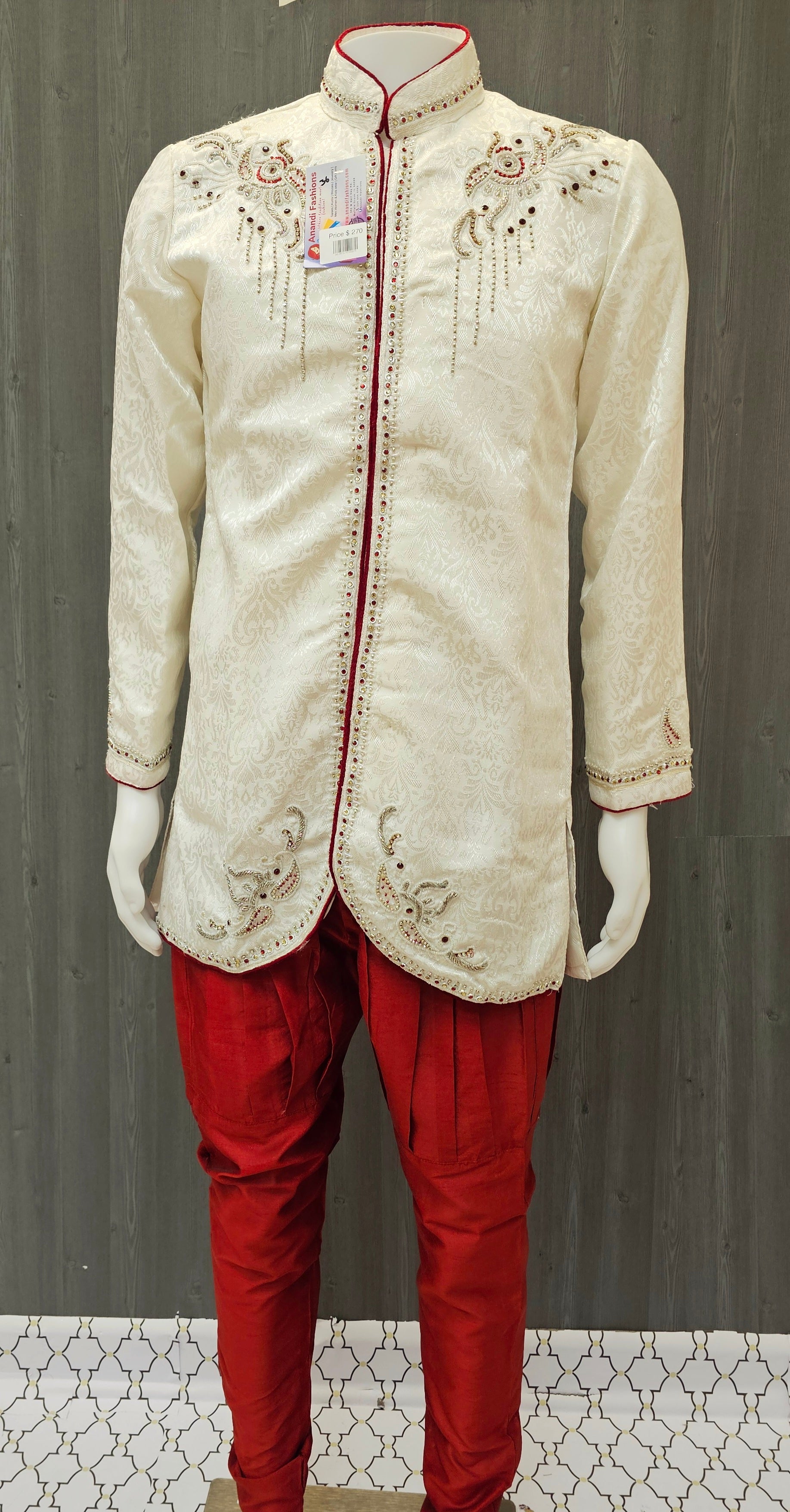 Mens Sherwani - Royal and Elegant White Sherwani with Jodhpuri Pants - Size 36 image 0
