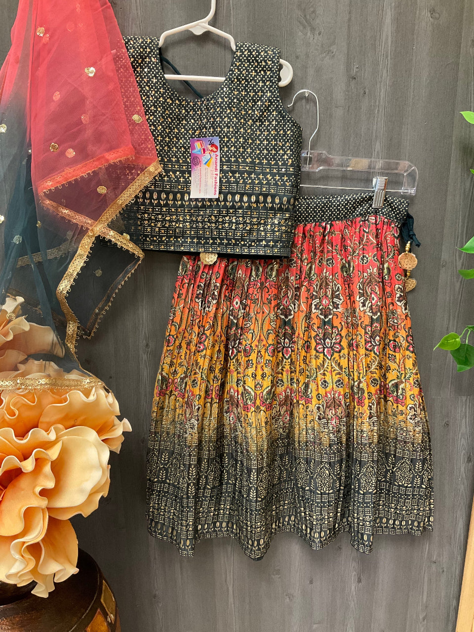 Green and Pink Cute kids lehenga set image 6