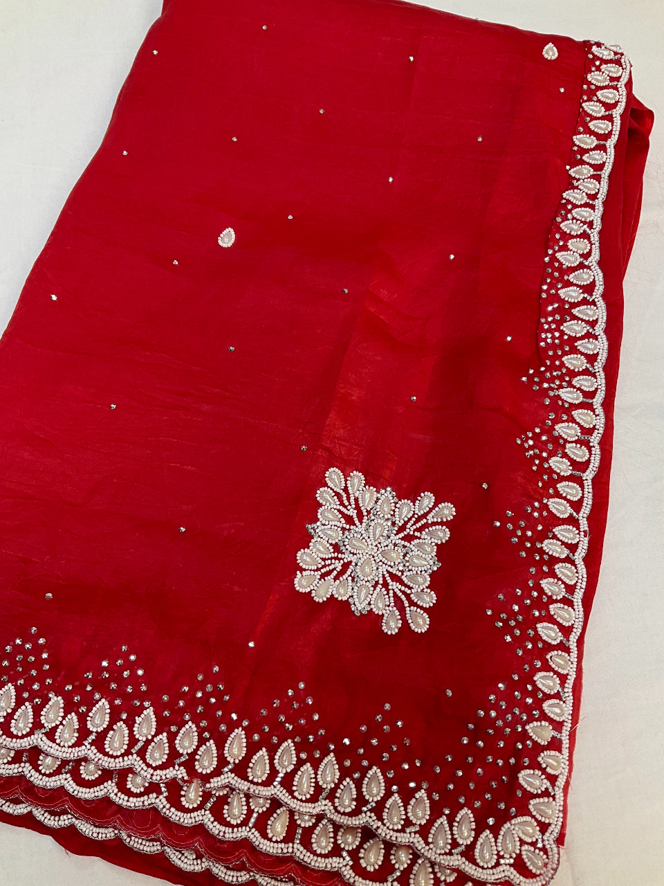 Crushed tissue saree with pearl bead work image 2