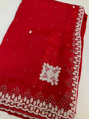 Crushed tissue saree with pearl bead work