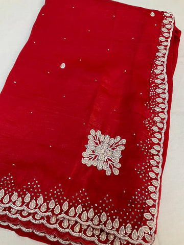 Crushed tissue saree with pearl bead work