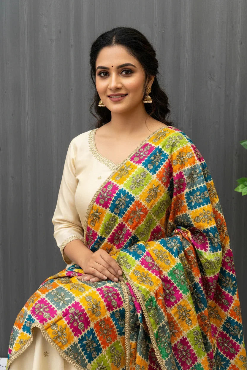 Woman in cream ethnic wear with vibrant multicolor embroidered dupatta sitting against gray backdrop, wearing gold jhumka earrings