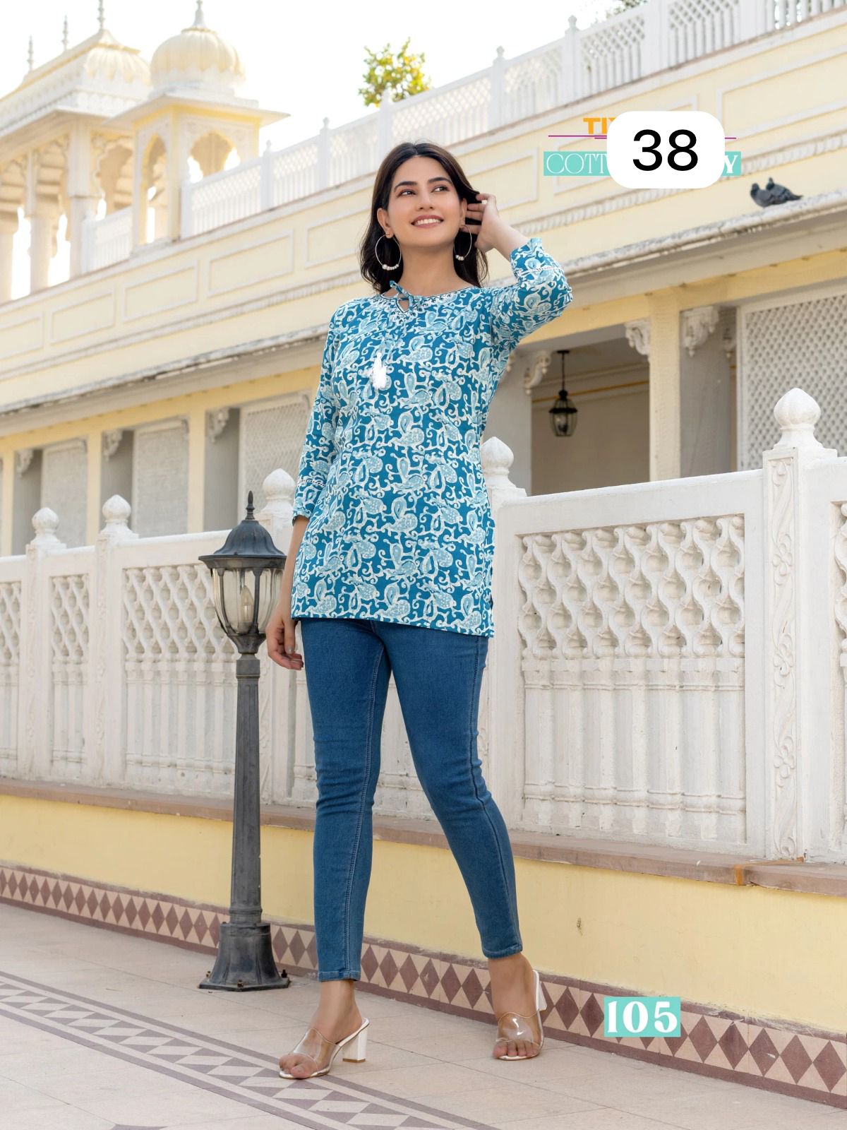 Blue color-Pure Cotton-Short Kurtis with Print-Size 36 image 1