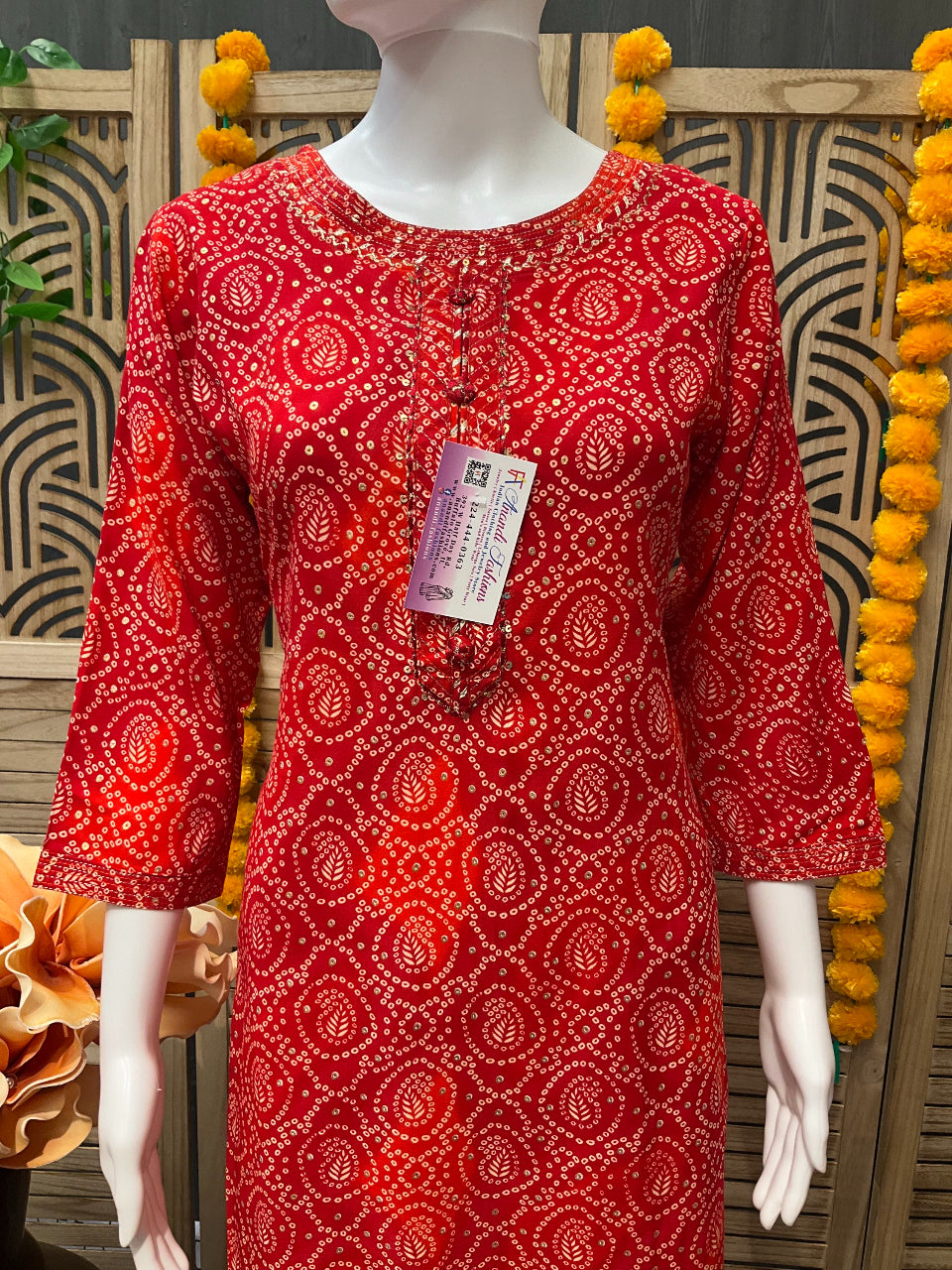 Red Bandhani Rayon Kurti image 1