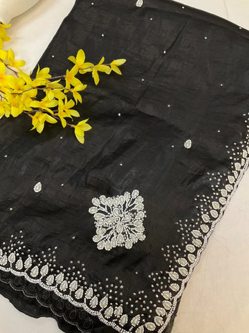 Crushed tissue saree with pearl bead work