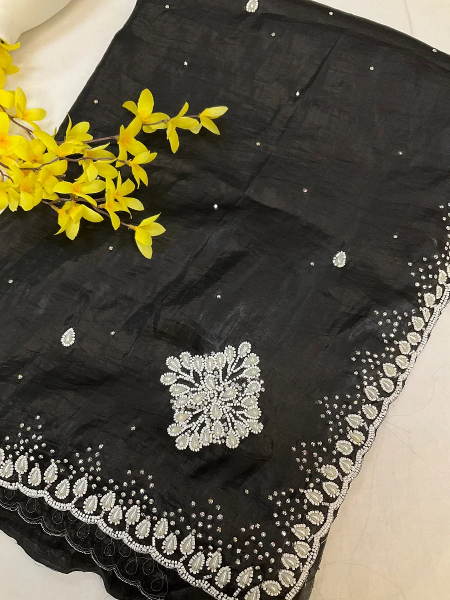 Crushed tissue saree with pearl bead work