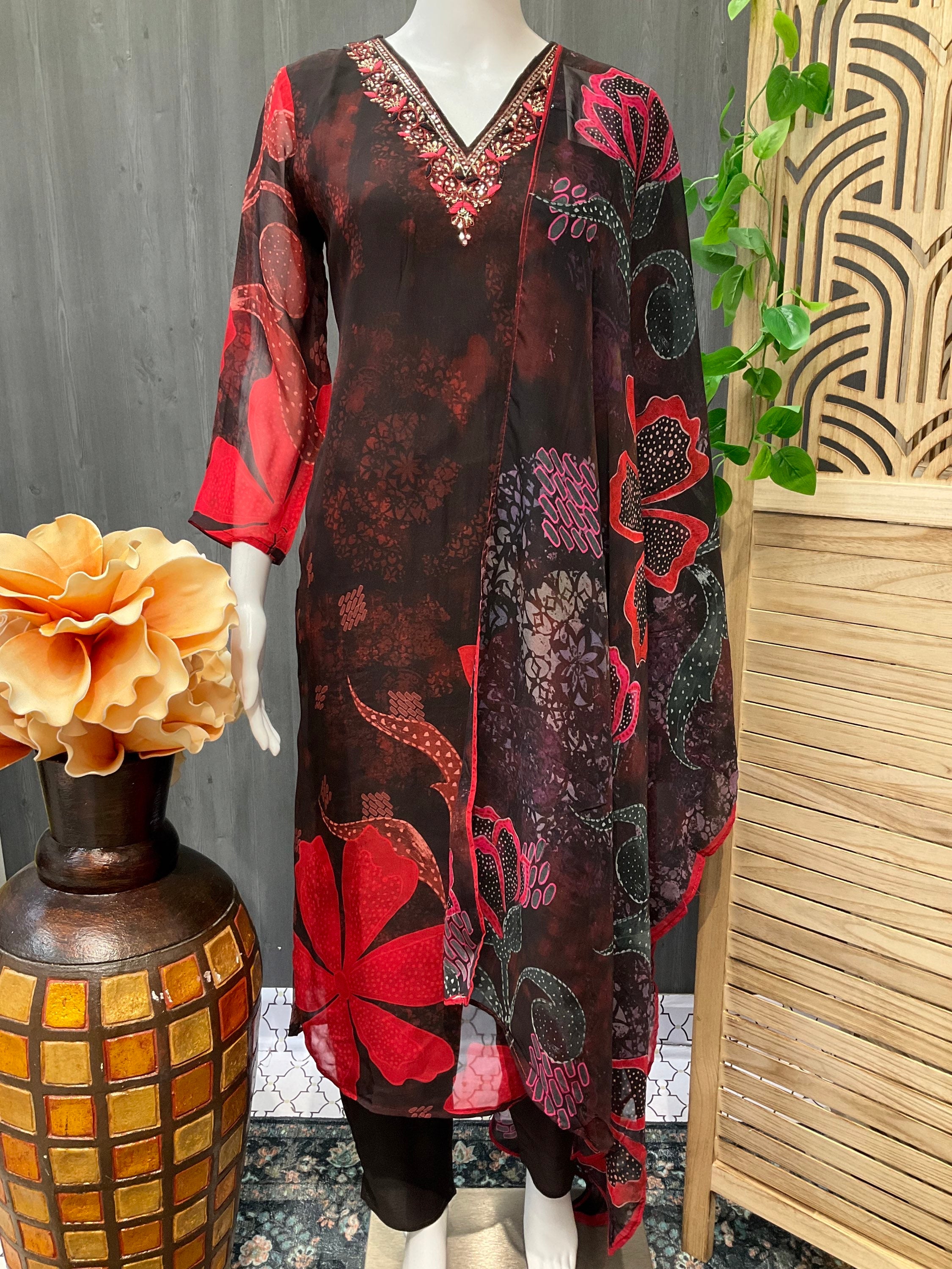 Black Organza floral print Chudidhar set image 0