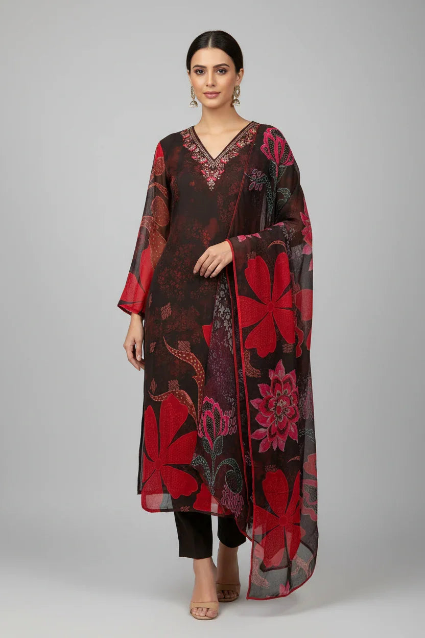 Woman wearing black ethnic Indian suit with large red floral prints and matching dupatta, standing on gray background