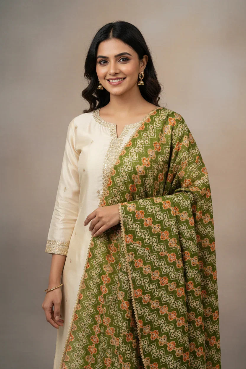 Smiling woman wearing cream ethnic kurta with gold embroidery and green patterned dupatta, traditional Indian attire