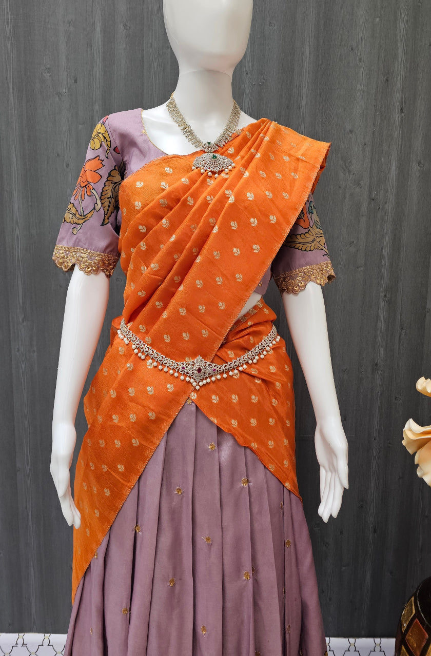 Half Saree - Cute Traditional Style Kalamkari Lehenga Choli \ Langa Voni image 8