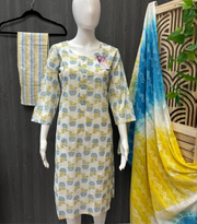 White color pure cotton Print Summer kurti set