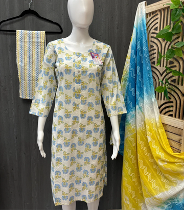 White color pure cotton Print Summer kurti set