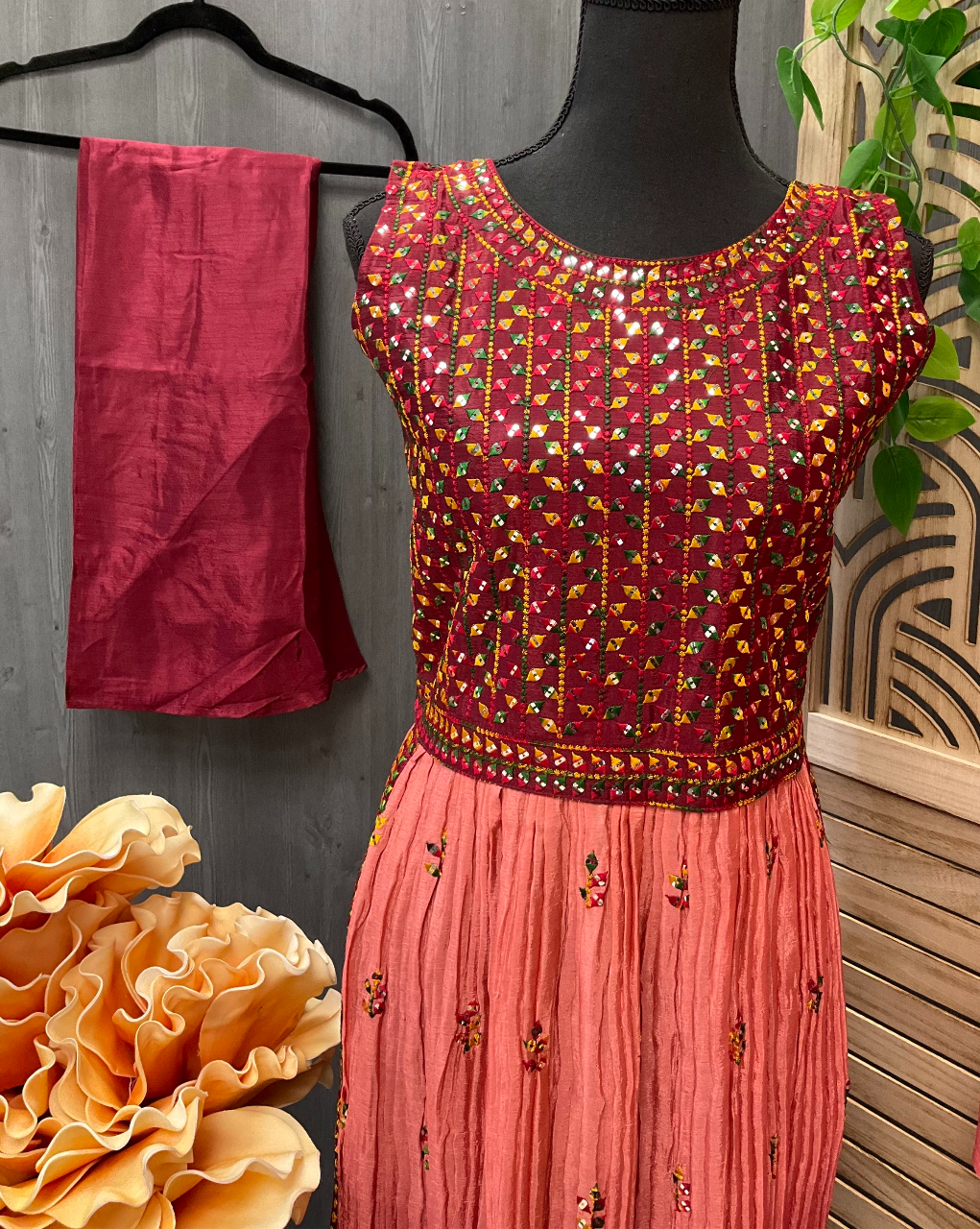 Teen - Nyra Cut Party Wear Dress in Maroon & Onion Pink-Size 38/40 image 1