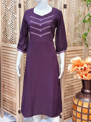 Size 38/US XS-Purple Color Cotton Gown/Kurti with embroidery