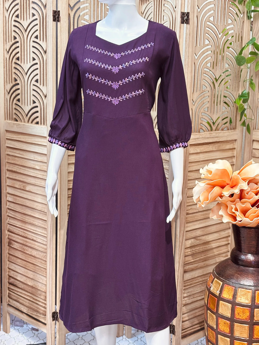 Size 38/US XS-Purple Color Cotton Gown/Kurti with embroidery